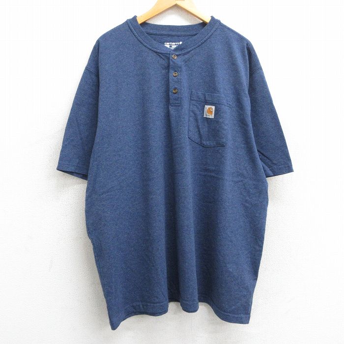 【50%OFF】XL★古着 カーハート Carhartt 半袖 ブランド Tシャツ メンズ ワンポイントロゴ 胸ポケット付き 大きいサイズ ヘンリーネック 紺 ネイビー 霜降り 【spe】 25jul01 中古