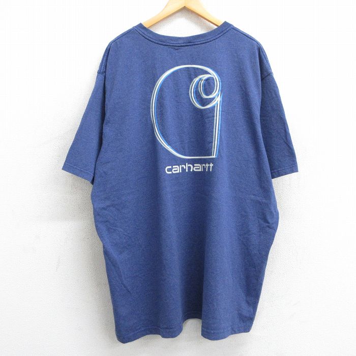 XL★古着 カーハート Carhartt 半袖 ブランド Tシャツ メンズ ビッグロゴ 胸ポケット付き 大きいサイズ ロング丈 クルーネック 紺 ネイビー 霜降り 25jul01 中古