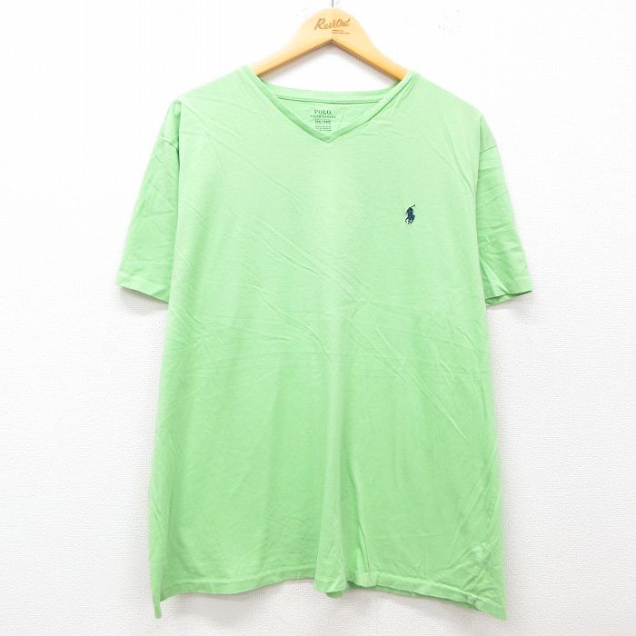 【50%OFF】XL★古着 ラルフローレン Ralph Lauren 半袖 ブランド Tシャツ メンズ ワンポイントロゴ 大きいサイズ コットン Vネック 黄緑 25jul02 中古