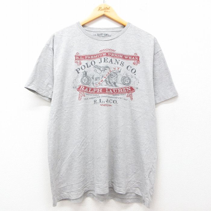 XL★古着 ラルフローレン Ralph Lauren ポロジーンズ 半袖 ブランド Tシャツ メンズ ビッグロゴ 大きいサイズ クルーネック グレー 霜降り 25jul02 中古