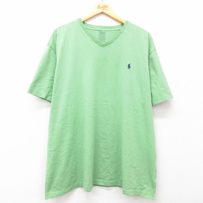 XL★古着 ラルフローレン Ralph Lauren 半袖 ブランド Tシャツ メンズ ワンポイントロゴ 大きいサイズ コットン Vネック 黄緑 25jul02 中古