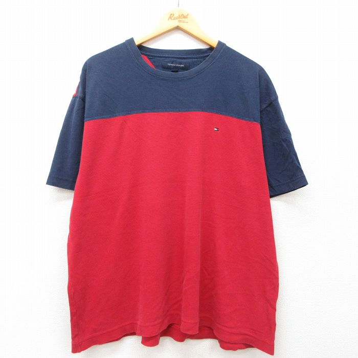 XL★古着 トミーヒルフィガー TOMMY HILFIGER 半袖 ブランド Tシャツ メンズ ワンポイントロゴ ツートンカラー 大きいサイズ コットン クルーネック 赤他 レッド 25jul02 中古