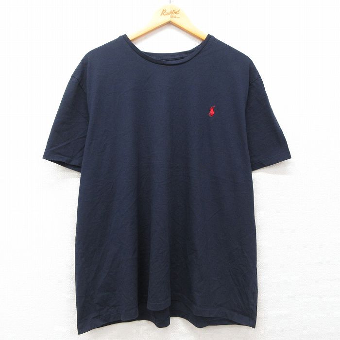 XL★古着 ラルフローレン Ralph Lauren 半袖 ブランド Tシャツ メンズ ワンポイントロゴ 大きいサイズ コットン クルーネック 紺 ネイビー 25jul02 中古