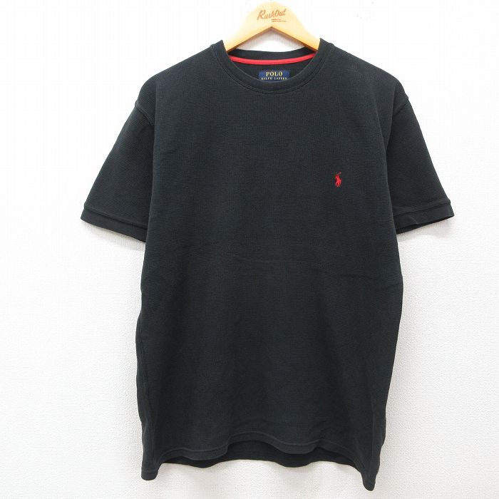 XL★古着 ラルフローレン Ralph Lauren 半袖 ブランド サーマル Tシャツ メンズ ワンポイントロゴ 大きいサイズ コットン クルーネック 黒 ブラック 25jul02 中古