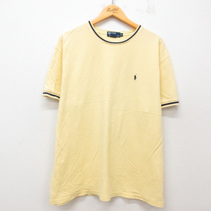 XL★古着 ラルフローレン Ralph Lauren 半袖 ブランド Tシャツ メンズ 90年代 90s ワンポイントロゴ 鹿の子 大きいサイズ コットン クルーネック 黄 イエロー 25jul02 中古