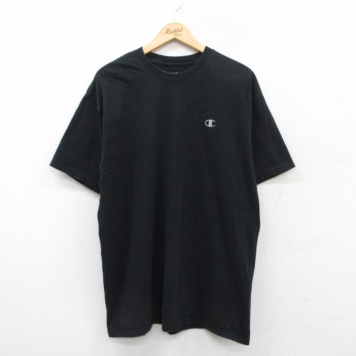 XL★古着 チャンピオン champion 半袖 ブランド Tシャツ メンズ ワンポイントロゴ コットン クルーネック 黒 ブラック 25jul04 中古