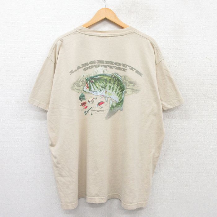 XL★古着 コロンビア COLUMBIA 半袖 ブランド Tシャツ メンズ 魚 ルアー 大きいサイズ コットン クルーネック 薄ベージュ カーキ 【spe】 25jul04 中古