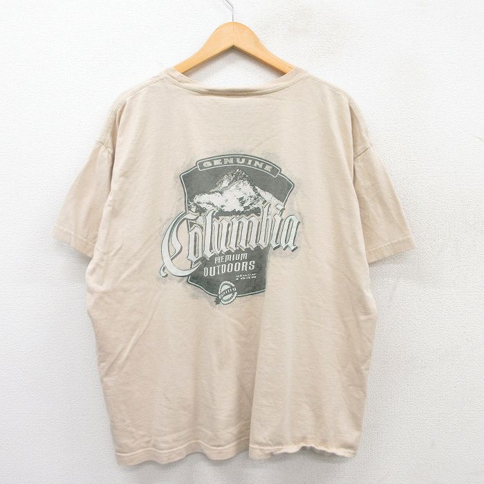 XL★古着 コロンビア COLUMBIA 半袖 ブランド Tシャツ メンズ ビッグロゴ 大きいサイズ コットン クルーネック 薄ベージュ カーキ 25jul04 中古