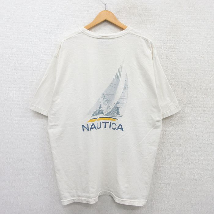 XL★古着 ノーティカ NAUTICA 半袖 ブランド Tシャツ メンズ ビッグロゴ 船 胸ポケット付き 大きいサイズ コットンクルーネック 白 ホワイト 25jul04 中古