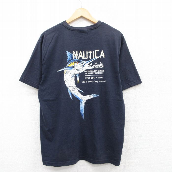XL★古着 ノーティカ NAUTICA 半袖 ブランド Tシャツ メンズ ビッグロゴ 魚 コットン クルーネック カナダ製 紺 ネイビー 25jul04 中古