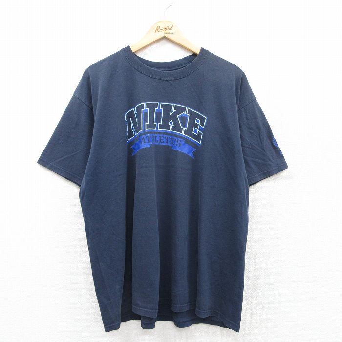 XL★古着 ナイキ NIKE 半袖 ブランド Tシャツ メンズ ビッグロゴ 大きいサイズ コットン クルーネック 紺 ネイビー 25jul04 中古