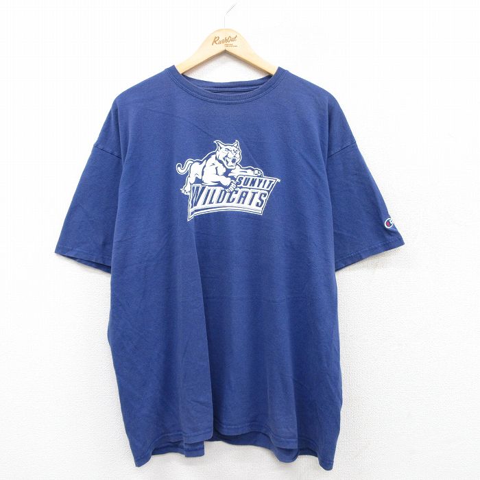 XL★古着 チャンピオン champion 半袖 ブランド Tシャツ メンズ ワイルドキャッツ 大きいサイズ クルーネック 紺 ネイビー 25jul04 中古