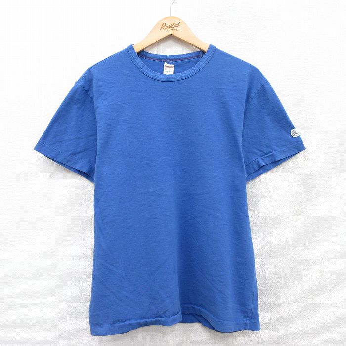 【50%OFF】L★古着 チャンピオン champion 半袖 ブランド Tシャツ メンズ 無地 ランナーズタグ クルーネック カナダ製 青 ブルー 25jul19 中古