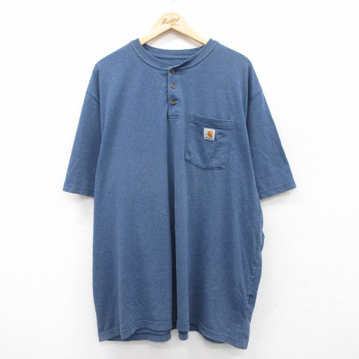 【50%OFF】XL★古着 カーハート Carhartt 半袖 ブランド Tシャツ メンズ ワンポイントロゴ 胸ポケット付き 大きいサイズ ロング丈 ヘンリーネック 紺 ネイビー 霜降り 【spe】 25jul19 中古