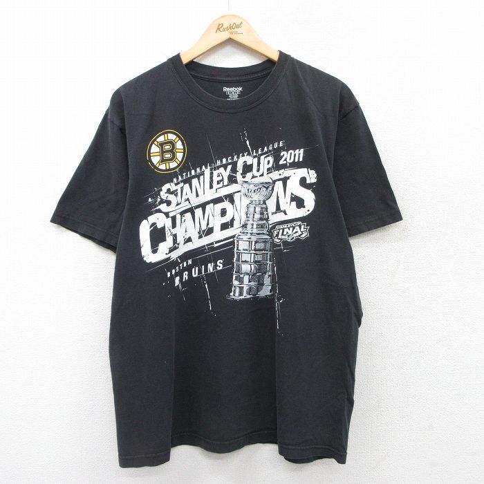 XL★古着 リーボック REEBOK 半袖 ブランド Tシャツ メンズ NHL ボストンブルーインズ ティムトーマス タイラーセギン コットン クルーネック 黒 ブラック アイスホッケー 25jul19 中古