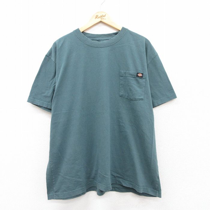 XL★古着 ディッキーズ Dickies 半袖 ブランド Tシャツ メンズ ワンポイントロゴ 胸ポケット付き 大きいサイズ コットン クルーネック 緑系 グリーン 25jul19 中古