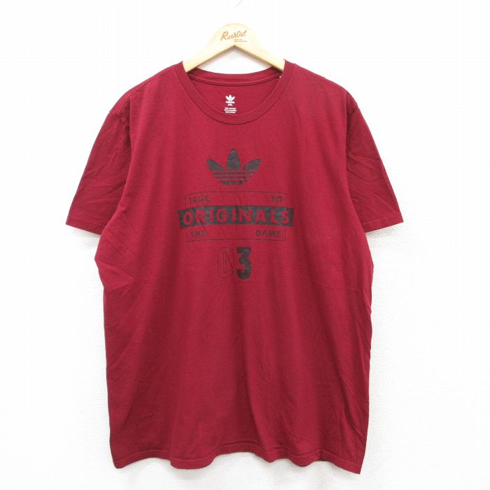 XL★古着 アディダス adidas 半袖 ブランド Tシャツ メンズ ビッグロゴ リーフ トレフォイル 大きいサイズ コットン クルーネック エンジ系 25jul19 中古