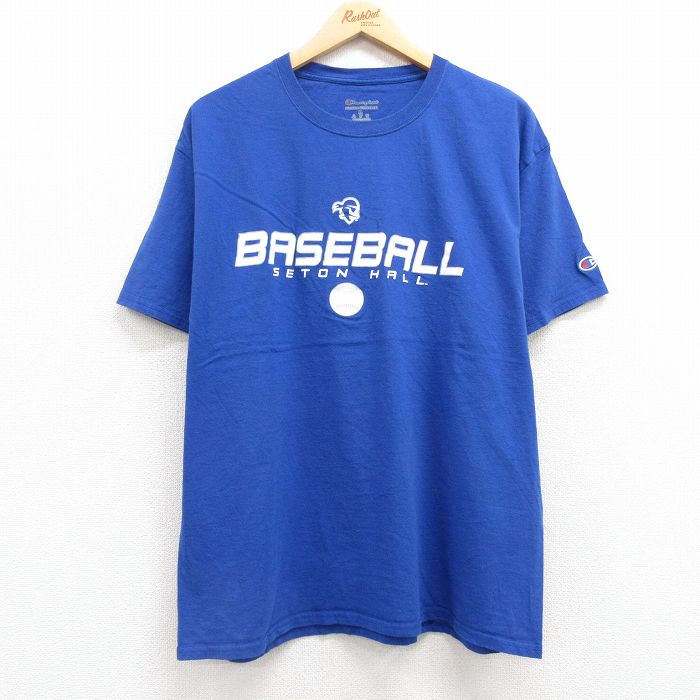 XL★古着 チャンピオン champion 半袖 ブランド Tシャツ メンズ ベースボール コットン クルーネック 青【 ブルー 25jul22 中古
