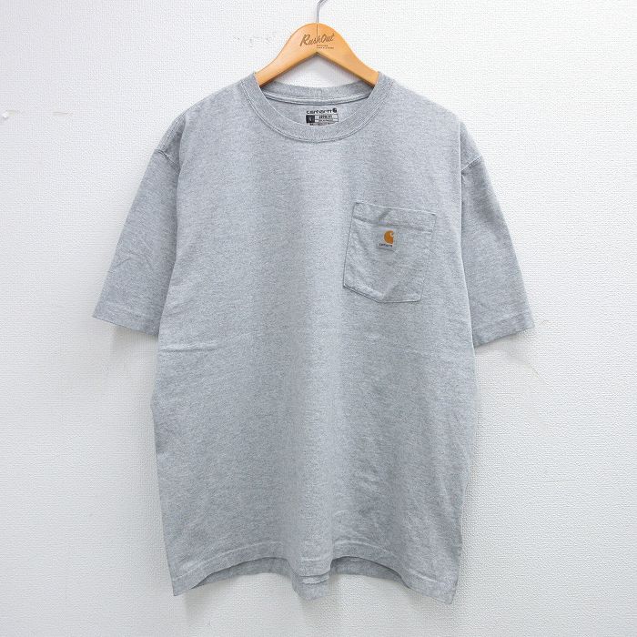 XL★古着 カーハート Carhartt 半袖 ブランド Tシャツ メンズ ワンポイントロゴ 胸ポケット付き 大きいサイズ クルーネック グレー 霜降り 25jul25 中古