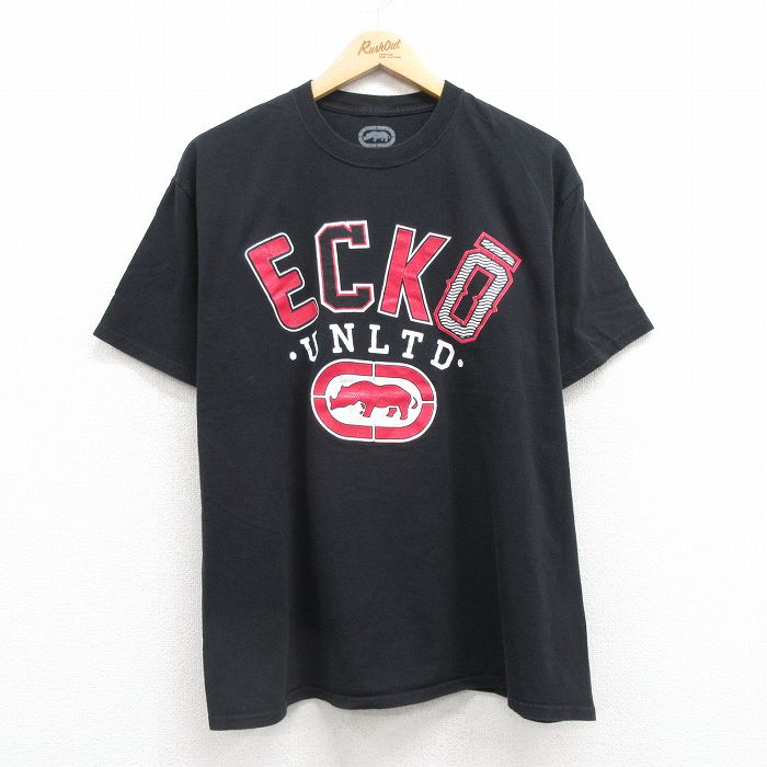 L★古着 エコー 半袖 ブランド Tシャツ メンズ ビッグロゴ コットン クルーネック 黒 ブラック 25jul22 中古