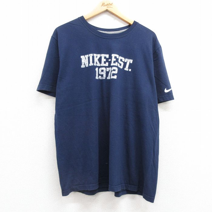 XL★古着 ナイキ NIKE 半袖 ブランド Tシャツ メンズ ビッグロゴ 大きいサイズ コットン クルーネック 濃紺 ネイビー 25jul22 中古