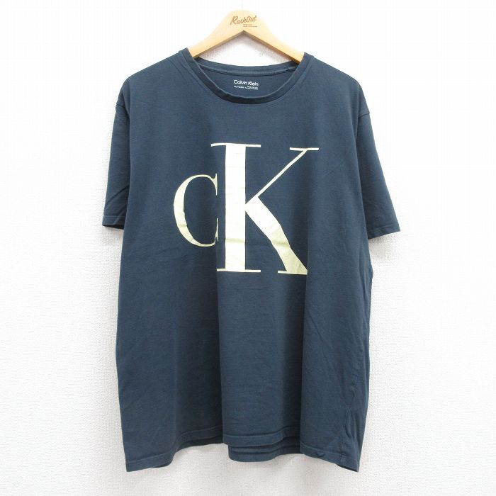 XL★古着 カルバンクライン Calvin Klein 半袖 ブランド Tシャツ メンズ ビッグロゴ 大きいサイズ コットン クルーネック 濃紺 ネイビー 25jul22 中古
