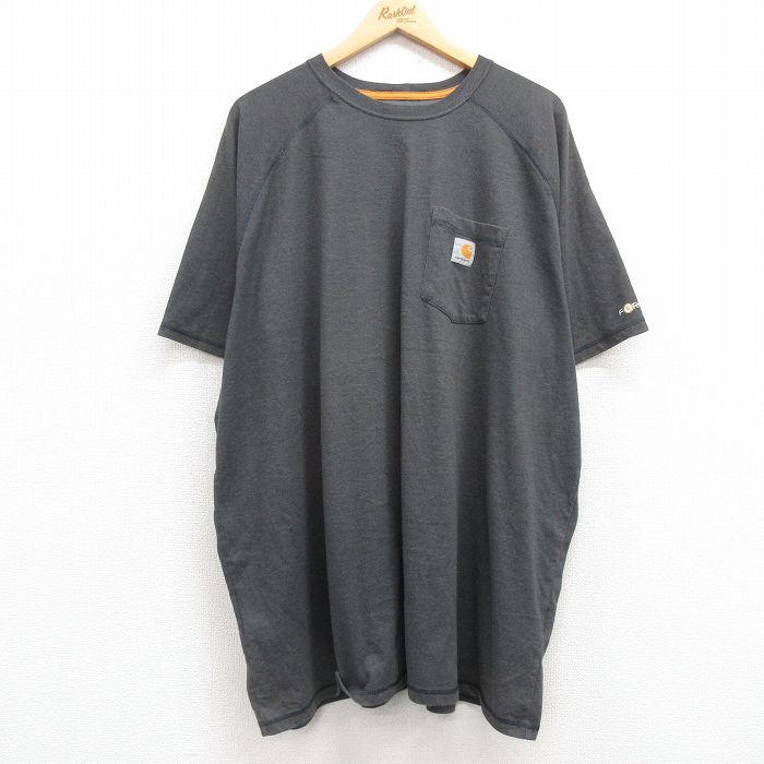 XL★古着 カーハート Carhartt 半袖 ブランド Tシャツ メンズ 胸ポケット付き 大きいサイズ ロング丈 ラグラン クルーネック 濃グレー 霜降り 25jul22 中古