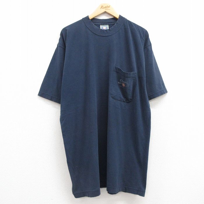 XL★古着 ラルフローレン Ralph Lauren チャップス 半袖 ブランド Tシャツ メンズ ワンポイントロゴ 胸ポケット付き 大きいサイズ ロング丈 コットン クルーネック 濃紺 ネイビー 25jul22 中古