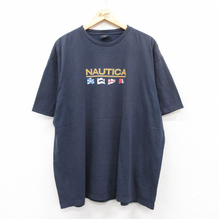 XL★古着 ノーティカ NAUTICA 半袖 ブランド Tシャツ メンズ ビッグロゴ 大きいサイズ コットン クルーネック カナダ製 濃紺 ネイビー 【spe】 25jul25 中古