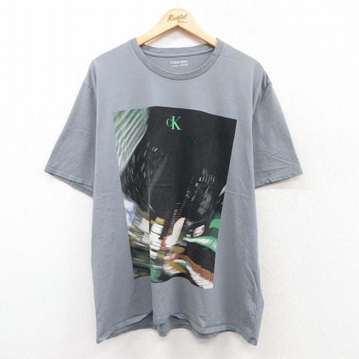 XL★古着 カルバンクライン Calvin Klein 半袖 ブランド Tシャツ メンズ ワンポイントロゴ 写真 大きいサイズ コットン クルーネック 濃グレー 25jul25 中古
