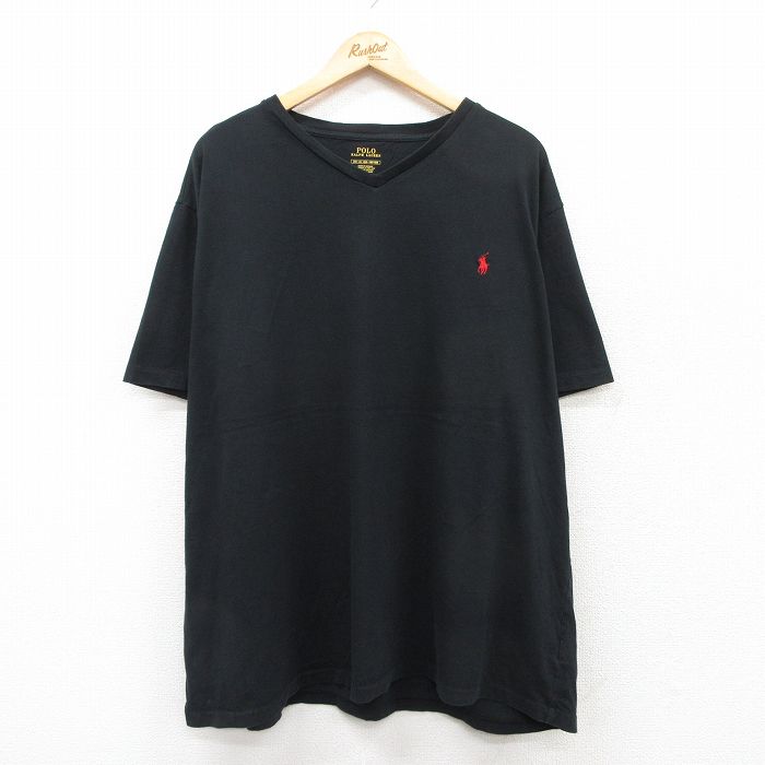 XL★古着 ラルフローレン Ralph Lauren 半袖 ブランド Tシャツ メンズ ワンポイントロゴ 大きいサイズ コットン Vネック 黒 ブラック 25jul25 中古