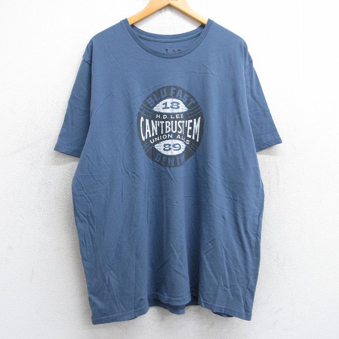 XL★古着 リー Lee 半袖 ブランド Tシャツ メンズ BLUFAST DENIM 大きいサイズ コットン クルーネック 薄紺 ネイビー 25jul30 中古