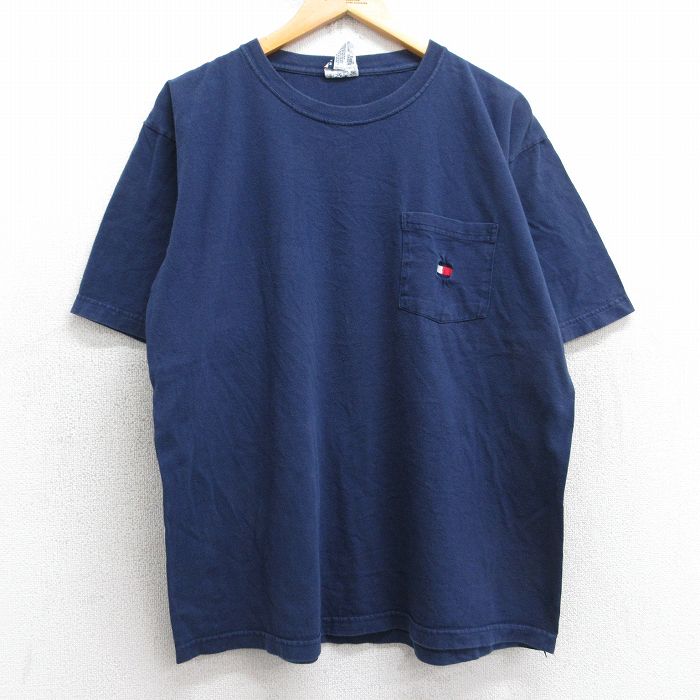 XL★古着 トミーヒルフィガー TOMMY HILFIGER 半袖 ブランド Tシャツ メンズ 90年代 90s ワンポイントロゴ 胸ポケット付き コットン クルーネック 紺 ネイビー 25jul30 中古