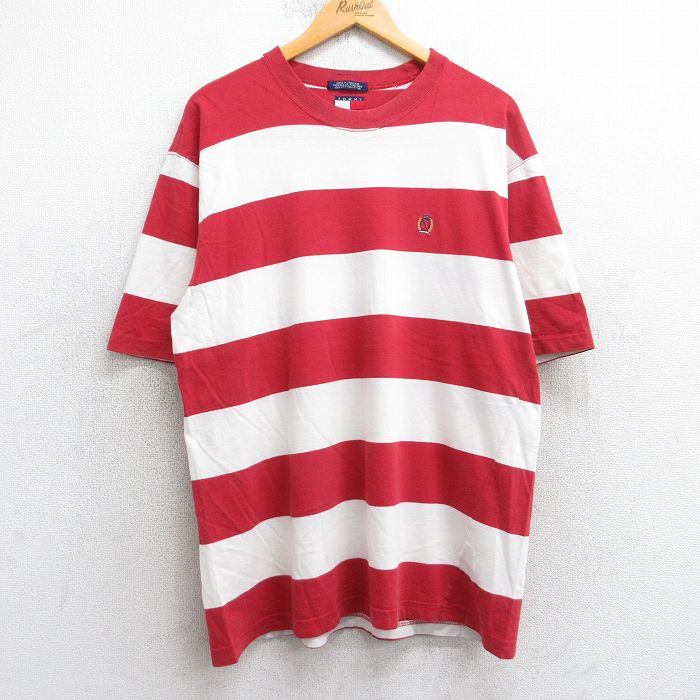 L★古着 トミーヒルフィガー TOMMY HILFIGER 半袖 ブランド Tシャツ メンズ 90年代 90s ワンポイントロゴ コットン クルーネック 赤他 レッド ボーダー 【spe】 25jul30 中古