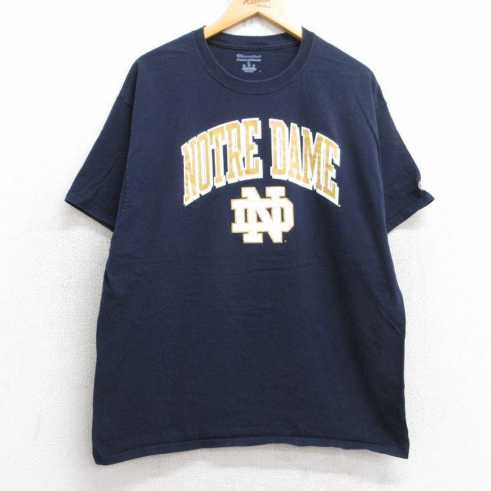 XL★古着 チャンピオン champion 半袖 ブランド Tシャツ メンズ ノートルダム クルーネック 紺 ネイビー 25jul30 中古