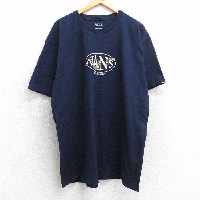 【50%OFF】XL★古着 バンズ VANS 半袖 ブランド Tシャツ メンズ ビッグロゴ ヘビー 大きいサイズ ロング丈 コットン クルーネック 紺 ネイビー 25jul30 中古