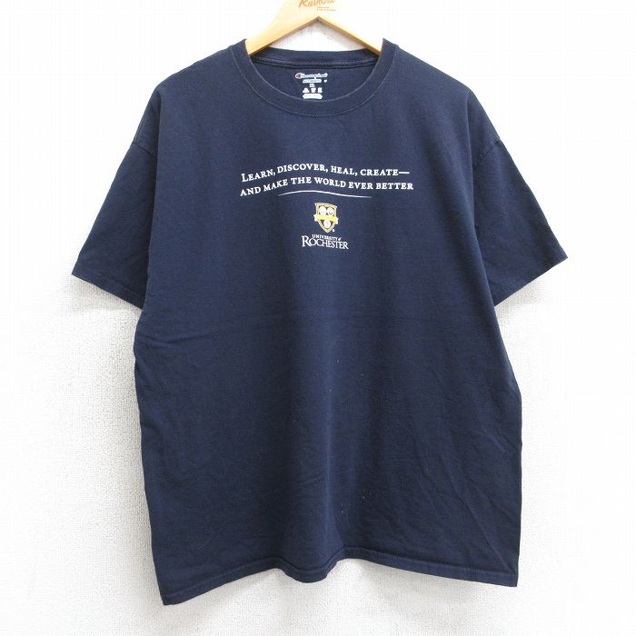 XL★古着 チャンピオン champion 半袖 ブランド Tシャツ メンズ ロチェスター 大学 クルーネック 紺 ネイビー 25aug06 中古