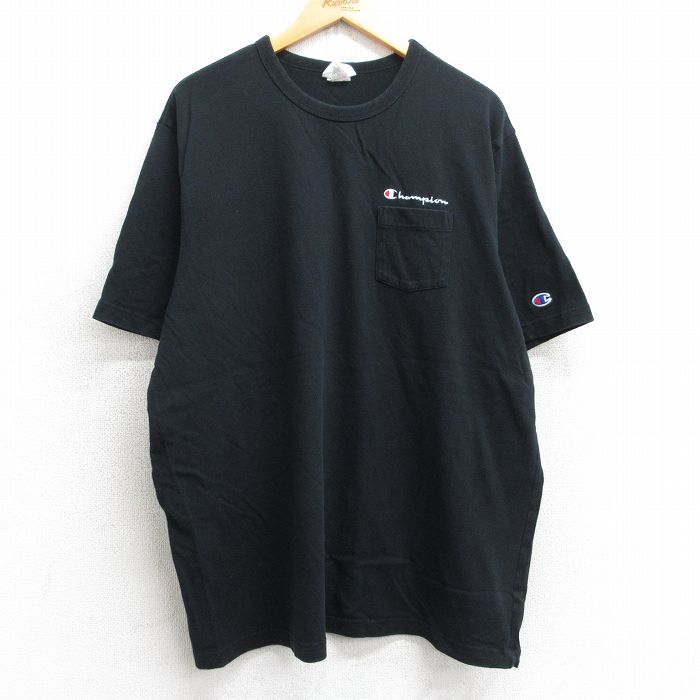 【50%OFF】XL★古着 チャンピオン champion 半袖 ブランド Tシャツ メンズ ワンポイントロゴ 胸ポケット付き 大きいサイズ コットン クルーネック 黒 ブラック 25aug06 中古