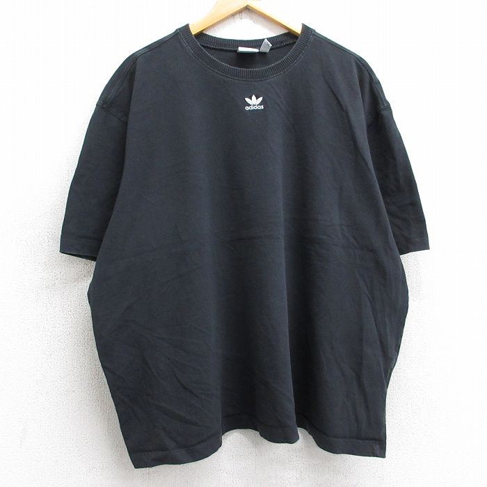 XL★古着 アディダス adidas 半袖 ブランド Tシャツ メンズ ワンポイントロゴ リーフ トレフォイル 大きいサイズ クルーネック 黒s ブラック 【spe】 25aug06 中古