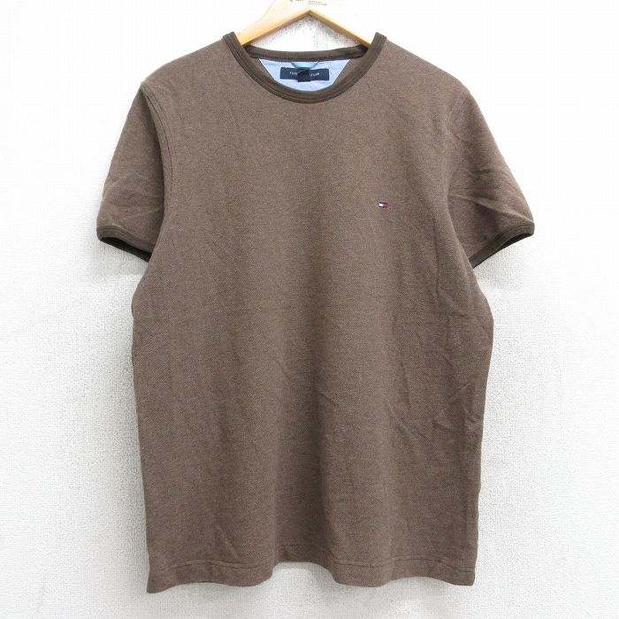 L★古着 トミーヒルフィガー TOMMY HILFIGER 半袖 ブランド Tシャツ メンズ ワンポイントロゴ 鹿の子 コットン クルーネック 茶 ブラウン リンガー 25aug19 中古
