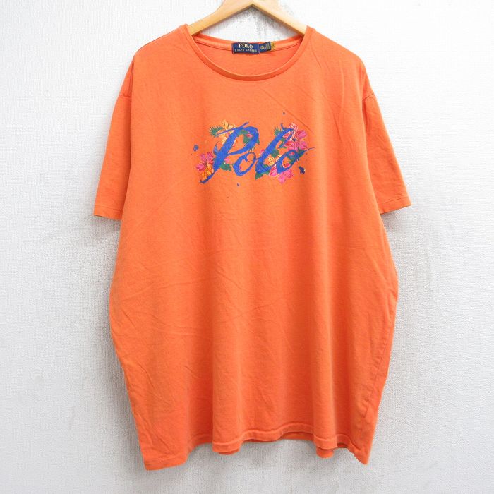 XL★古着 ラルフローレン Ralph Lauren 半袖 ブランド Tシャツ メンズ ビッグロゴ 花 大きいサイズ コットン クルーネック オレンジ 25aug19 中古