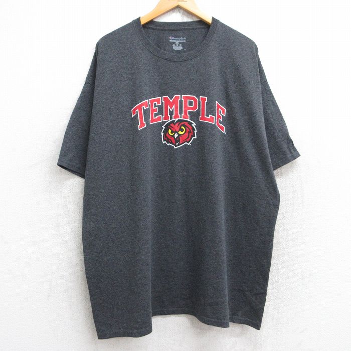 XL★古着 チャンピオン champion 半袖 ブランド Tシャツ メンズ TEMPLE フクロウ 大きいサイズ ロング丈 クルーネック 濃グレー 霜降り 25aug19 中古