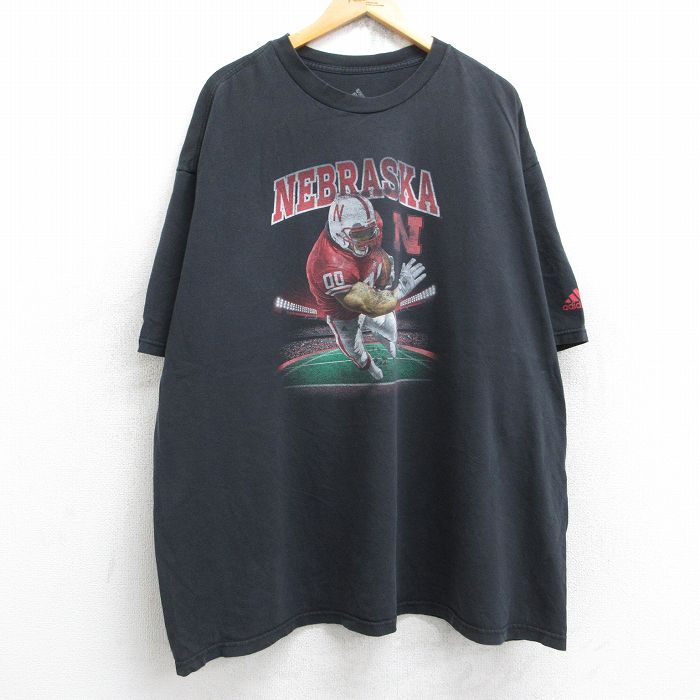 XL★古着 アディダス adidas 半袖 ブランド Tシャツ メンズ ネブラスカ ハスキーズ 大きいサイズ ロング丈 クルーネック 黒 ブラック 25aug19 中古