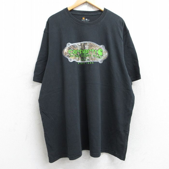 XL★古着 カーハート Carhartt 半袖 ブランド Tシャツ メンズ ビッグロゴ リアルツリー 大きいサイズ ロング丈 コットン クルーネック 黒 ブラック 25aug19 中古