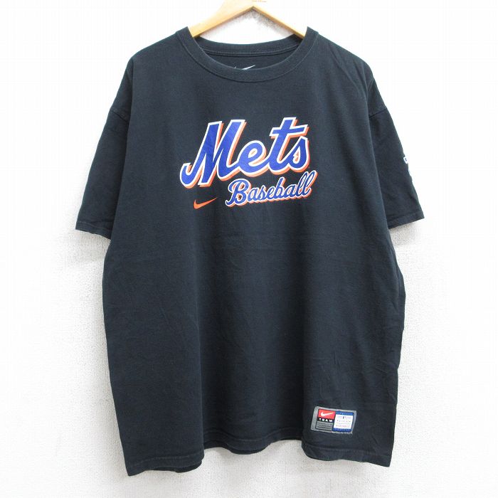 XL★古着 ナイキ NIKE 半袖 ブランド Tシャツ メンズ MLB ニューヨークメッツ 大きいサイズ コットン クルーネック 黒 ブラック メジャーリーグ ベースボール 野球 25aug19 中古