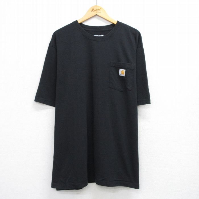 XL★古着 カーハート Carhartt 半袖 ブランド Tシャツ メンズ ワンポイントロゴ 胸ポケット付き 大きいサイズ ロング丈 コットン クルーネック 黒 ブラック 25aug20 中古