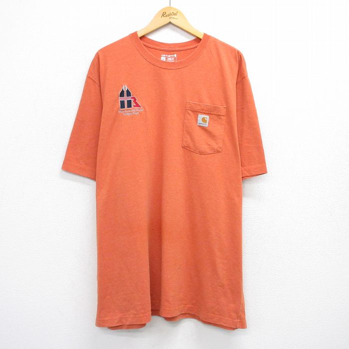 XL★古着 カーハート Carhartt 半袖 ブランド Tシャツ メンズ ワンポイントロゴ manufacturing 胸ポケット付き 大きいサイズ ロング丈 クルーネック オレンジ 25aug20 中古