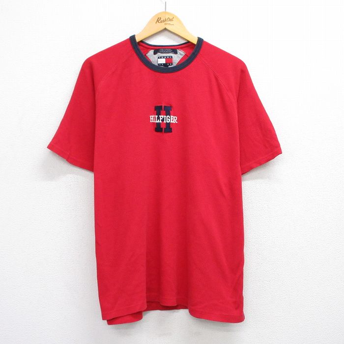 XL★古着 トミーヒルフィガー TOMMY HILFIGER トミージーンズ 半袖 ブランド Tシャツ メンズ 90年代 90s ビッグロゴ ラグラン 大きいサイズ コットン クルーネック 赤 レッド 25aug20 中古