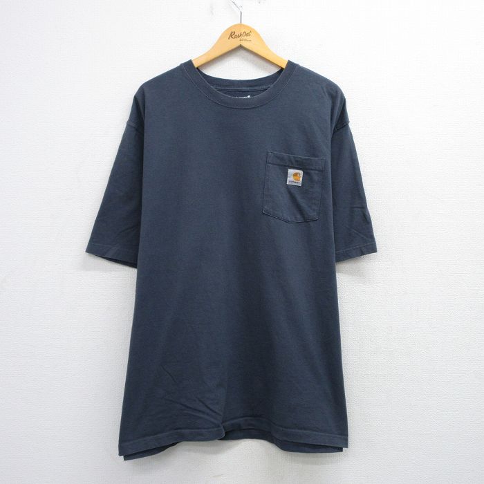 XL★古着 カーハート Carhartt 半袖 ブランド Tシャツ メンズ ワンポイントロゴ 胸ポケット付き 大きいサイズ ロング丈 コットン クルーネック 濃グレー系 25aug20 中古
