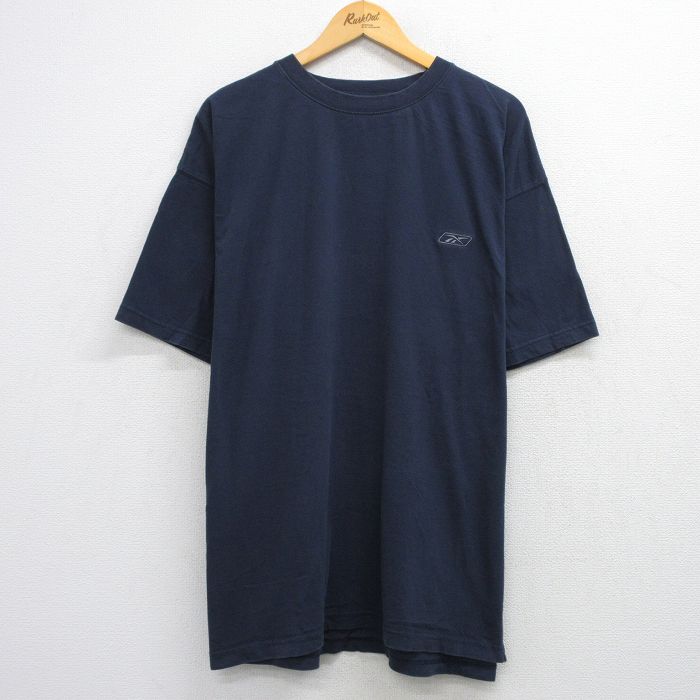 XL★古着 リーボック REEBOK 半袖 ブランド Tシャツ メンズ ワンポイントロゴ 大きいサイズ コットン クルーネック 紺 ネイビー 25aug20 中古